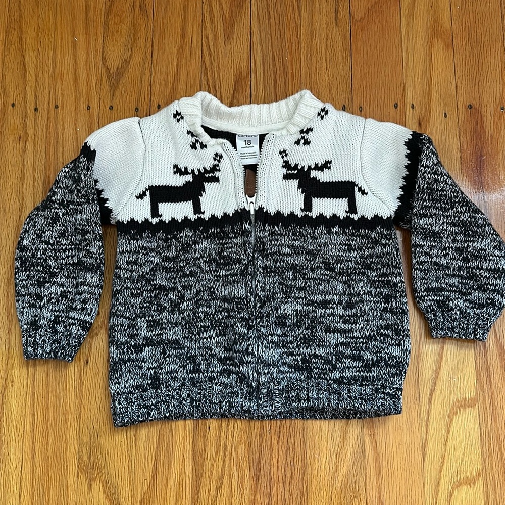 Carter’s Toddler Boy Holiday Cardigan Black White Knit Reindeer Cotton 18 Months